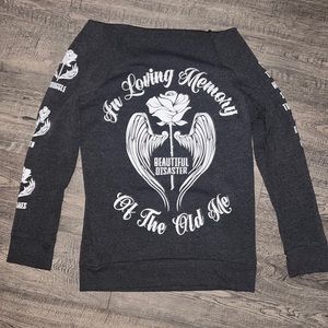Like New Beautiful Disaster crew neck with cut in top for off the shoulder look